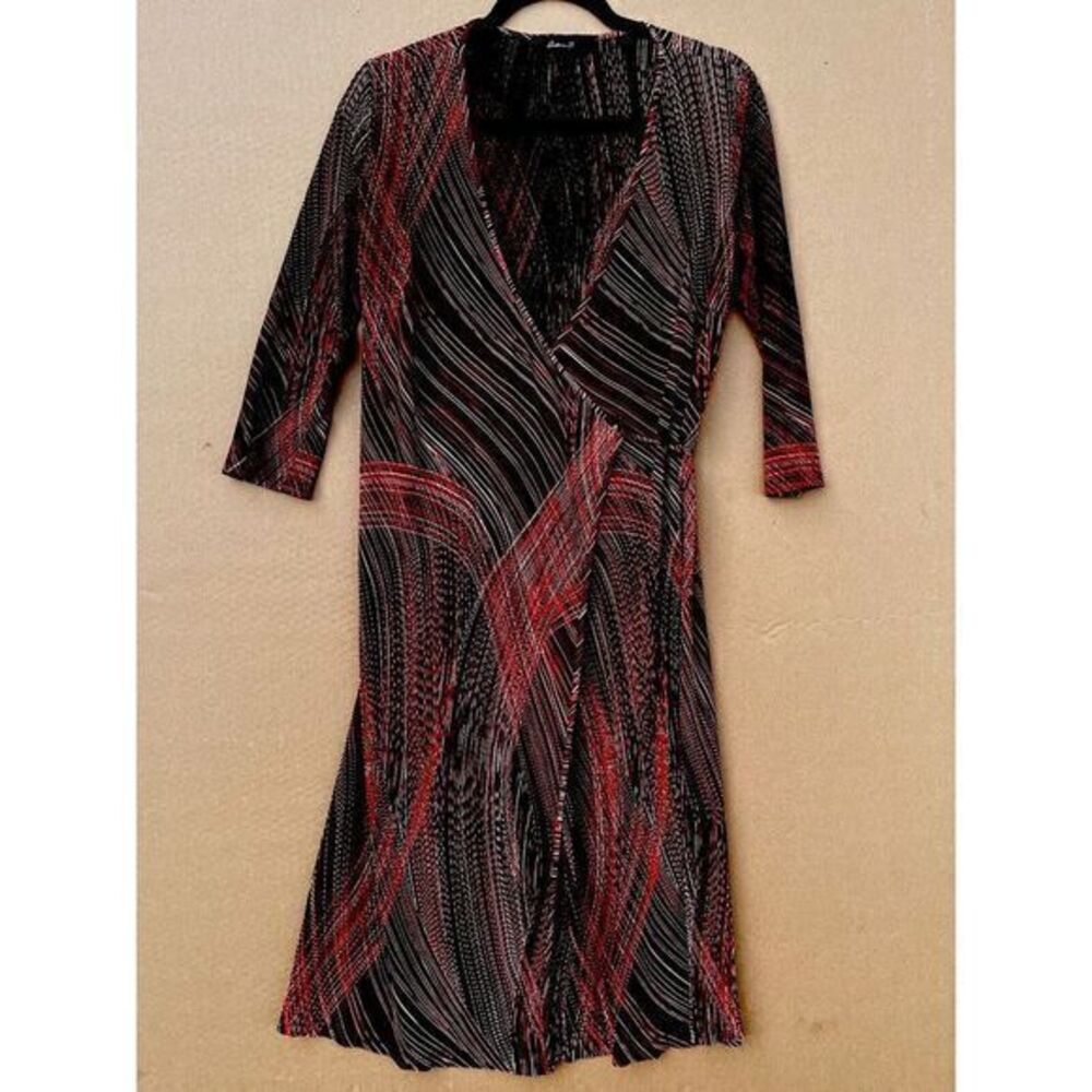 ARDEN B VTG Y2K 90s Wrap L dress red black abstract textured Midi 3/4 sleeve USA